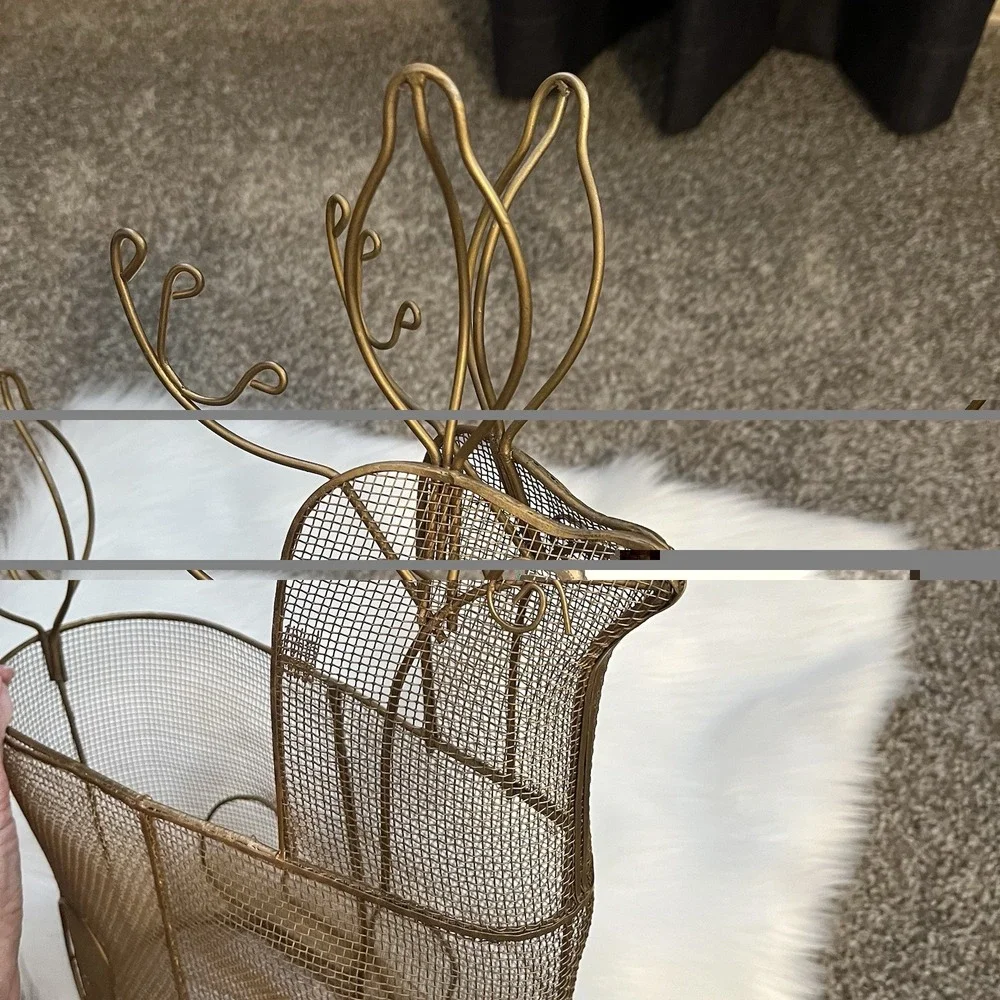 VTG MCM Gold Wire Mesh Reindeer Basket Holiday Christmas Card Ornament Planter